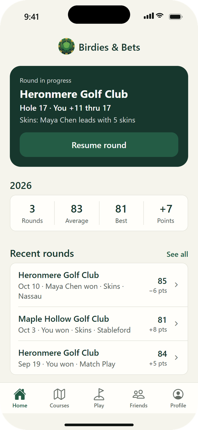 Birdies & Bets home screen: the round in progress at Heronmere Golf Club on hole 17 with Resume round, this year’s rounds, average, best and points, and recent rounds.