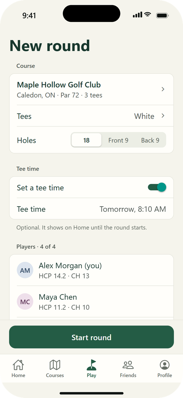 New round: Maple Hollow Golf Club, White tees, a tee time tomorrow at 8:10, and four players with their handicaps.