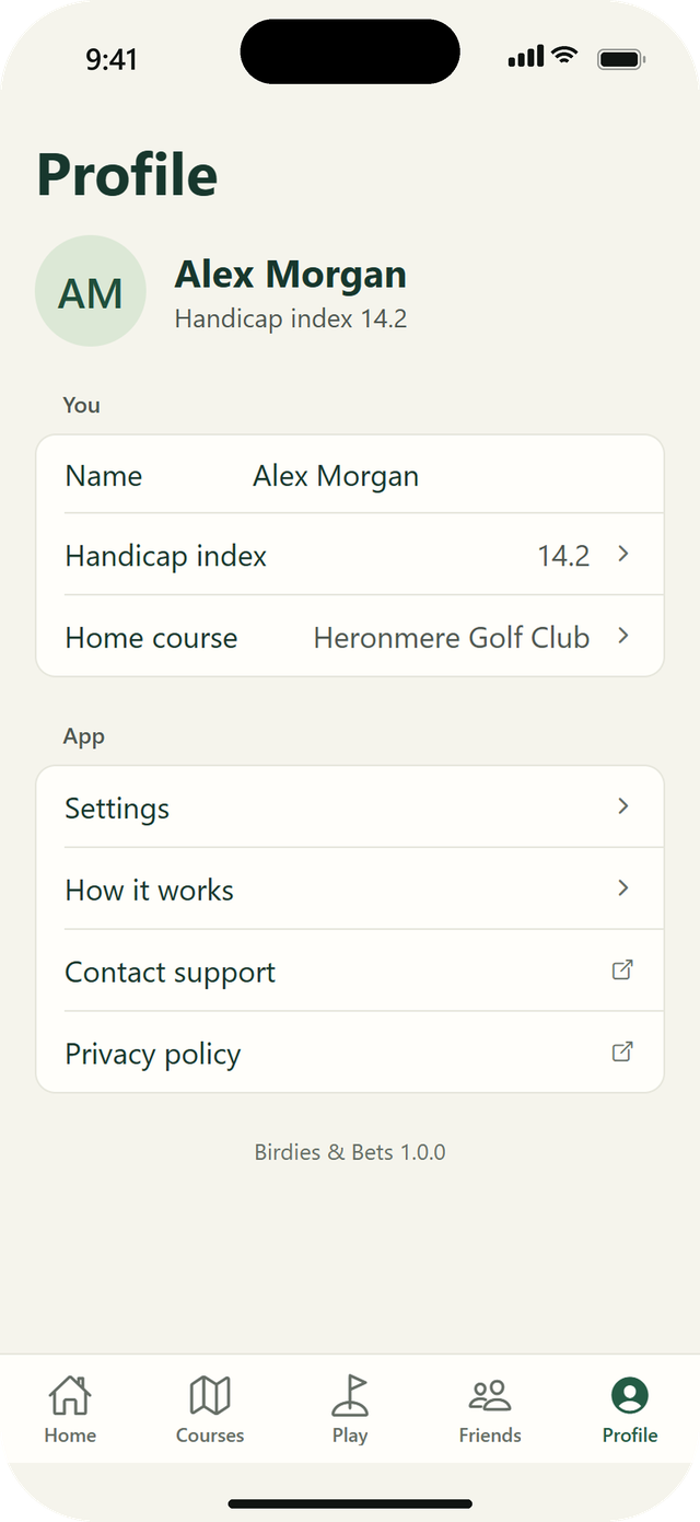 Profile: your name, handicap index and home course, with Settings, How it works, Contact support and the privacy policy.