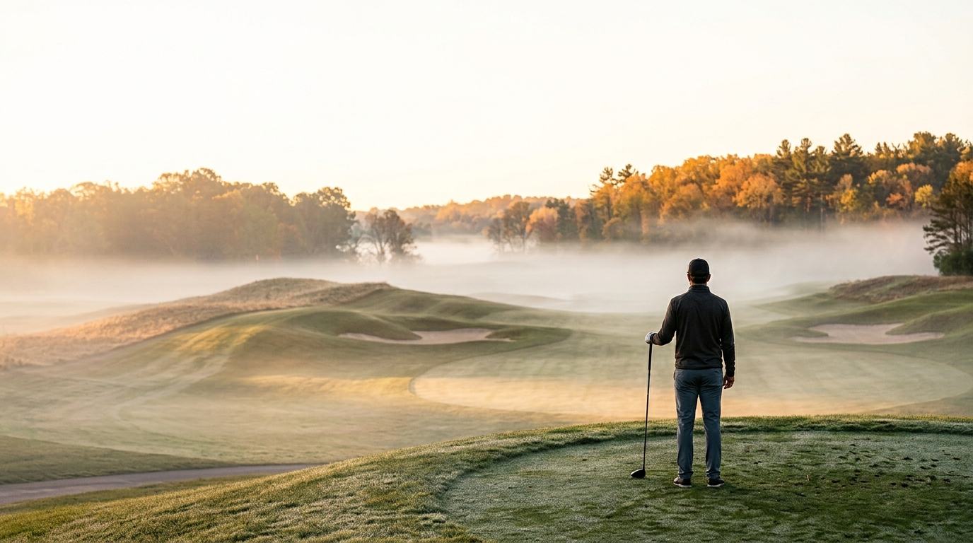 A golfer holding a club looks out over a misty course at dawn, autumn trees beyond.